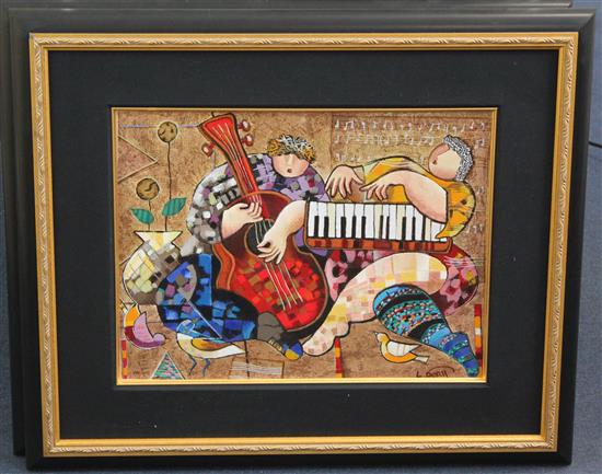 Dorit Levi (b.1952) Jazz Dancers and Folklore, 14 x 18.5in.